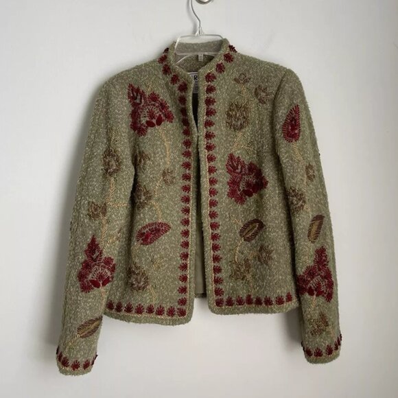 Carlisle Green Alpaca Wool Blend Embroidered Open Front Jacket - Picture 1 of 7
